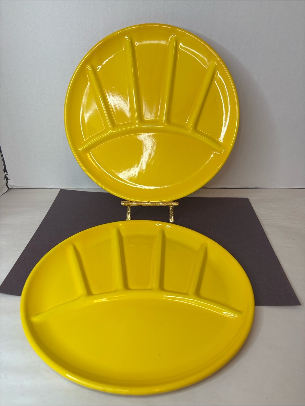 Vintage Yellow Sectioned Enamelware Serving Plate Set of 2